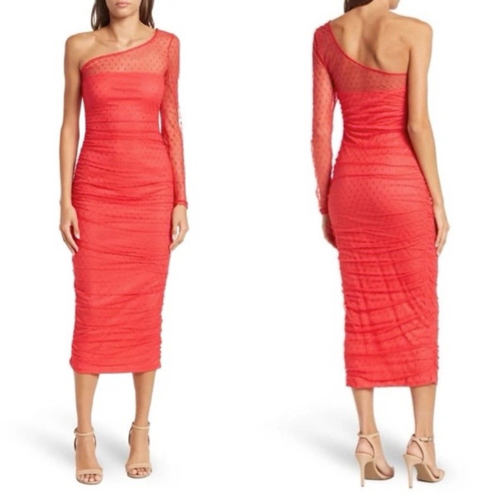 Area Stars Red One Sleeve Shoulder Bodycon Dotted Sheer Ruched Midi Dress